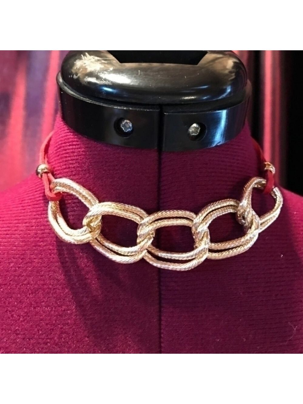 Chain Link Necklace Gold Tone Faux Red Leather Strap New In Package Jewelry